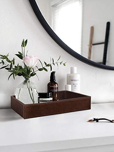 HofferRuffer Decorative Vanity Tray, Desktop Storage Organizer, Catchall Tray, Valet Tray, Nightstand or Dresser Organizer, PU Faux Leather Bathroom Tray, Brown, 10.2 x 8.4 x 1.8 inches - Image 6