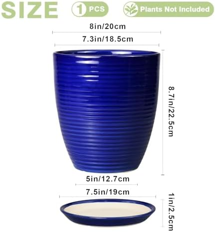 Round Ceramic Planter - Modern 8 Inch Plant Pot with Drainage Hole and Tray for Flower Indoor Outdoor Garden Decor Blue - Image 3