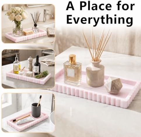 Bathroom Vanity Tray - 9.4''x3.9'' Silicone Bathroom Tray with Scalloped Edge, Counter Top Tray for Vanity Sink Countertop, Decorative Organizer for Cosmetics Jewelry, Rectangular, Marble White Pink - Image 5