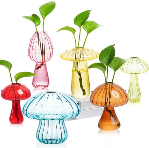 Plant Propagation Station, Set of 6 Colored Glass Mushroom Vase by JXWENBYX