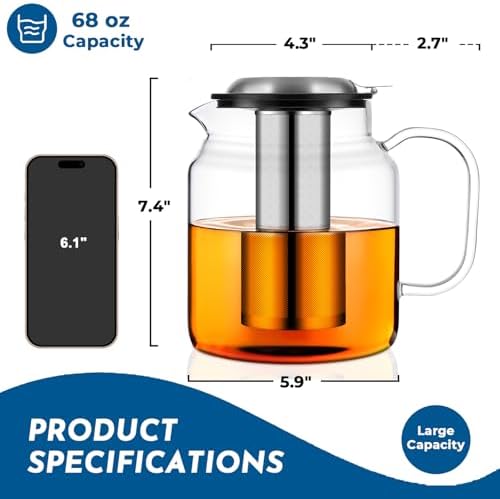 Aquach 68oz Glass Teapot with Infuser, Stovetop Safe Borosilicate Tea Pot - Image 3