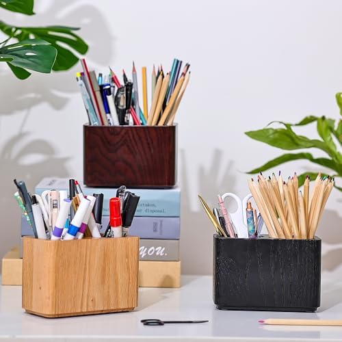 Oak Solid Wood Pen &Pencil Holder for Desk, Office Stationery Organizer, Table Pencil Cup Stand,Desk Accessories Holder, Two Cups Practical Design. (Char Black) - Image 6