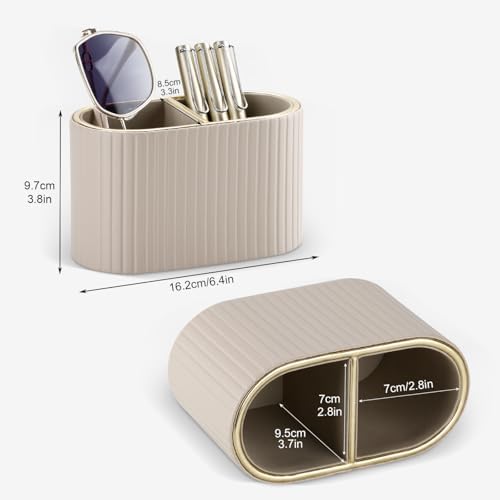 KINGFOM PU Leather Desk Organizer Pen Holder – Dual-Compartment Stylish Pencil Cup Remote Control Holder Desktop Supplies and Accessories Organizer Caddy for Office Home School (Mocha Beige) - Image 2