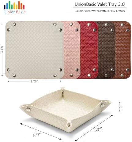 UnionBasic Small Valet Tray, Jewelry Tray for Rings Watches Earrings, Entryway Catchall Caddy for Coins Keys Change, Nightstand Bedside Valet Holder, Trays for Electronic Gadgets, Woven Leather Brown - Image 3