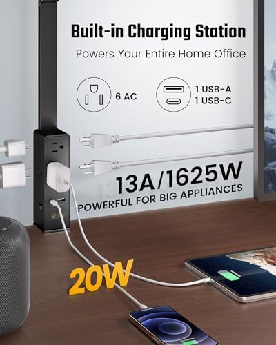 SUPERDANNY LED Desk Lamp with Power Strip (6 Outlets, 1 USB, 1 Type-C) for Home Office, Desk Light Computer Light with Clamp, Architect Desk Lamp with Smooth Dimming 5 Colors Touch & Wave Control - Image 2