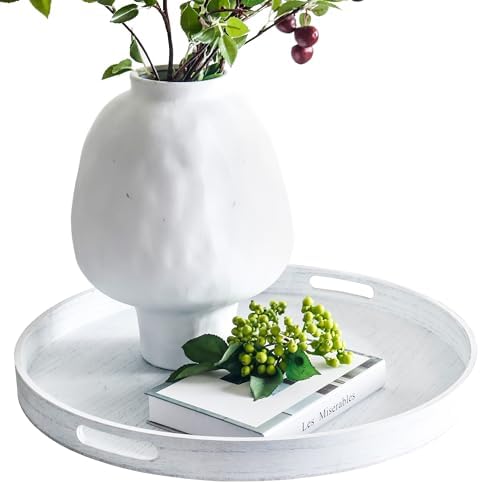 19.6" Extra Large Round Wooden Decorative Tray with Handles,White by Unknown