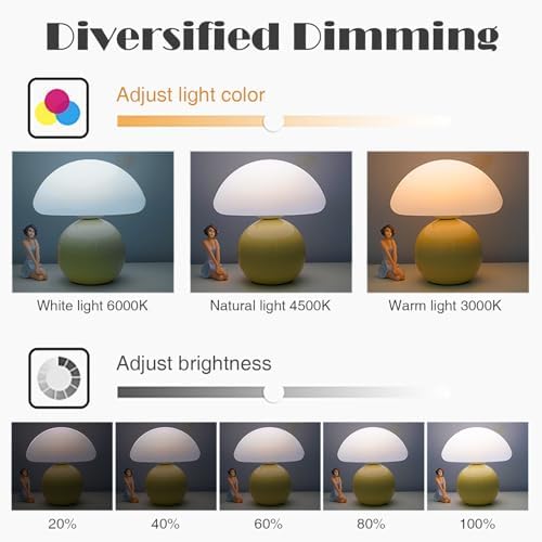 Cute Small Mushroom Lamp, PE Lampshade, Ceramic Base, Adjustable Light Color and Brightness with Power-Off Memory, Safe USB Powered, LED Mushroom Light for Bedroom Living Room (Yellow) - Image 5