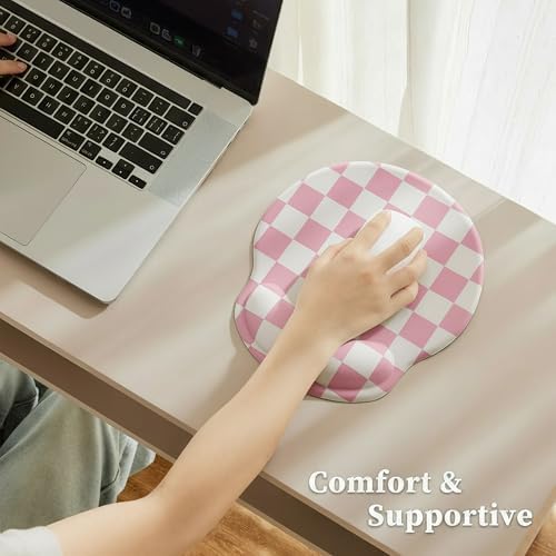 Ohocut Pink Checkered Mouse Pad with Gel Wrist Rest, Wrist Support, Ergonomic Desk Accessories for Girls Women, Office Laptop Gaming Decor, Cute Aesthetic Trendy Check Design - Image 6