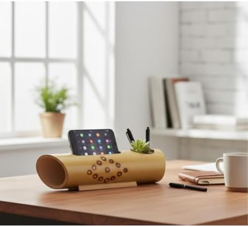 Bamboo Desk Organizer with Phone Stand Pen Holder Desktop Storage Caddy for Office Home Workspace Supplies Accessories - Image 3