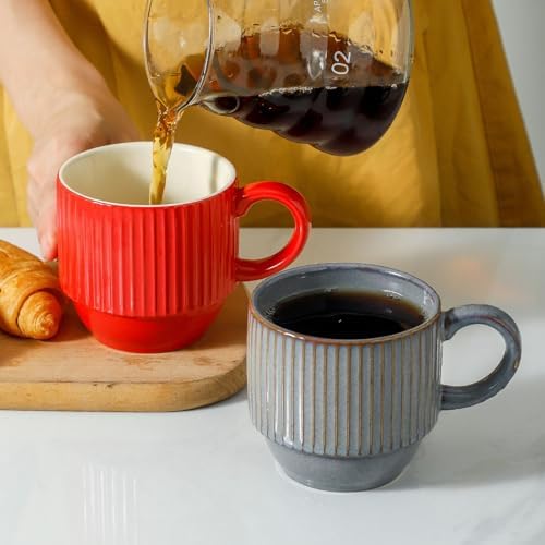 Hasense 12 Oz Coffee Mugs Set of 4 with Rack, Red Stackable Coffee Cups Ceramic, Modern Ribbed Latte Cup Sets for Cappuccino, Tea, Espresso, Hot Cocoa, Drinks - Dishwasher & Microwave Safe - Image 6