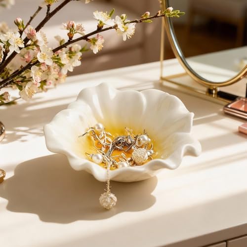 Ceramic Flower Ring Holder Dish with Gradient Center 4.5 Inch White Porcelain Jewelry Tray, Modern Minimalist Trinket Holder for Vanity, Dresser, Bedroom, Gift for Her (green) - Image 3
