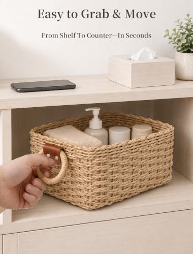 Small Wicker Baskets, 3 PCS Paper Rope Baskets for Shelves, Brown - Image 5