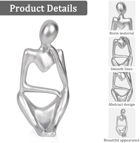 Sandstone Resin Thinker Statue Style Abstract Sculpture, Silver, Right - Image 4