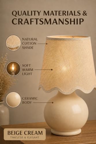 Benton Ceramic Table Lamp with Fabric Shade – 13" Bedside Accent Lamp for Bedroom, Living Room & Nightstand (Beige Cream) - Image 4