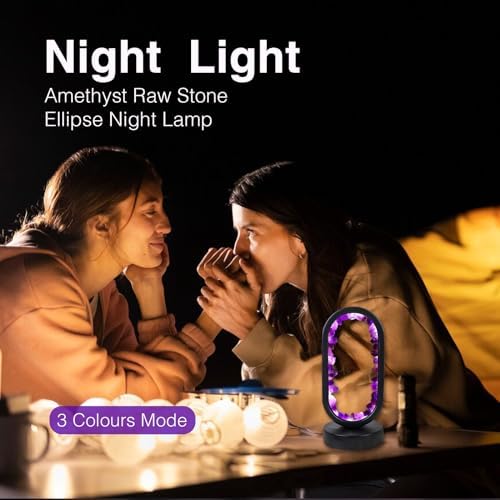 Runyangshi Crystal Lamp Amethyst Raw Stone Ellipse Night Lamp Natural Healing Crystal Night Light Table Lamp Base USB Port 3 Colours Mode for Bedroom Bedside Lamp Office Home Decor Gift - Image 3