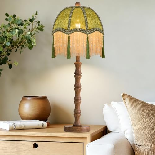 ILLMTW Vintage Table Lamp for Bedroom Living Room,Fringe Bedside Lamps Dimmable Boho Bedroom Lamp with Flower Green Lamp Shade,Mid Century Retro Tassel Unique Wood Small Nightstand Lamp Tiffany Decor - Image 3