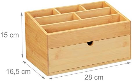 Relaxdays Desk Organiser with Drawer, 6 Compartments, Bamboo, Office Storage Box, H x W x D: 15 x 28 x 16.5 cm, Natural, Wood Composite, Pack of 1 - Image 4