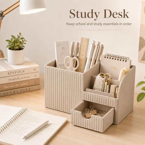 KINGFOM Luxury PU Leather Desk Organizer with Drawer, Modern Aesthetic Office Desk Accessories for Men & Women, Multi-Compartment Pen Holder & Desktop Storage Organizer for Home Office - Image 5