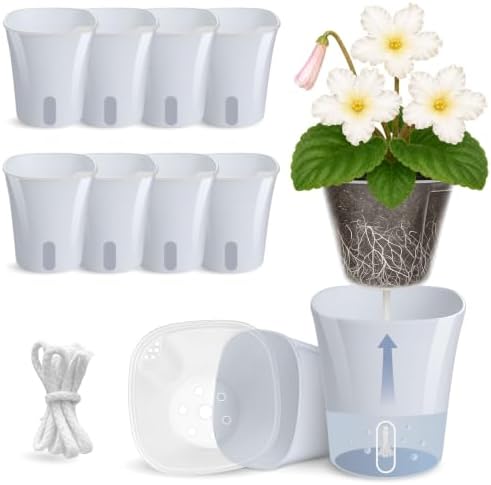10 Pack 3" Self Watering Pots for Indoor Plants, Clear Inner Cup, Small Blue Grey Plastic Planter, Water Level Indicator,Drainage Hole, Extra 3ft Wick, Cutting,Seedling,Herb,African Violet by Vandorelle