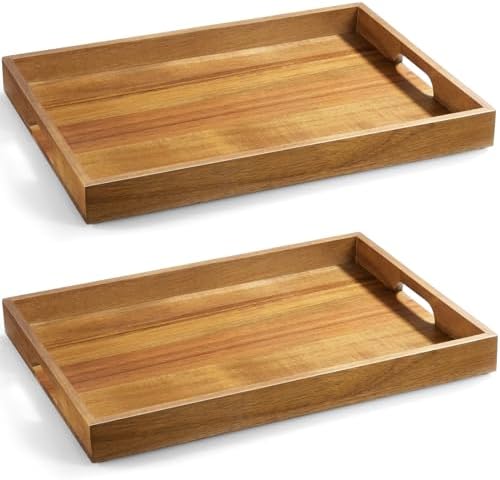 2 Pack Acacia Wood Serving Tray with Handles - 17 Inch Large Wooden Tray for Ottoman, Breakfast in Bed, Dinner, Coffee Table by Unknown