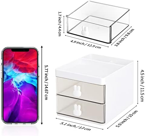 LETURE Small Desk Organizer With Drawer, Office Desktop Storage Box, Business Card/Pen/Pencil/Mobile Phone/Stationery Holder Storage Box, Makeup Organizer for Office School Home (White) - Image 2