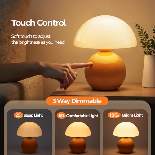 NIORSUN Mushroom Lamp Table Lamp for Bedroom, Portables Cordless Table Lamps Set of 2,Wireless lamp,Bedside Tables Touch for Living Room,Mini Mushroom 5200mAh Battery Operated Lamps Modern Orange - Image 3