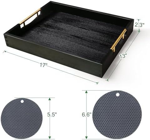 LotFancy 17x13 Inch Wood Serving Tray with Metal Handles, Black - Image 2