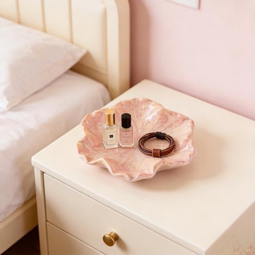 Flower Shaped Ceramic Jewelry Tray, Decorative Trinket Dish for Rings Earrings Necklaces, 5 Inch Ceramic Catchall Tray for Vanity Bathroom, Gift for Women (Pink) - Image 5