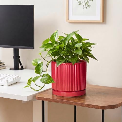 Ceramic Pots for Plants, 8 Inch Plant Pots with Saucer, Red - Image 5