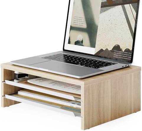 Fenge 14.3-Inch Monitor Stand with Slide-Out Trays, Wood & Metal Desk Shelf by Fenge