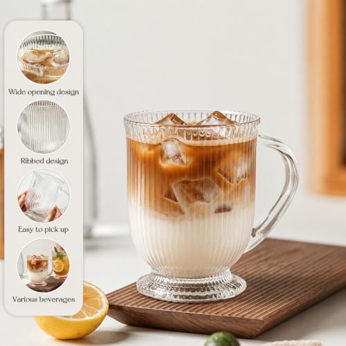 KEMORELA 16oz Ribbed Glass Coffee Mugs Set,Large Glass Mugs with Handle - Image 5