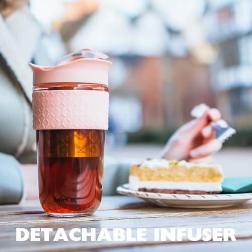 Large Travel Mug Loose Tea Infuser - Detachable Tea Strainer with Spill Proof Lid - 18oz/530ml BPA-Free Reusable Glass Travel Coffee Cup with Silicone Band (Pink, 18oz) - Image 5