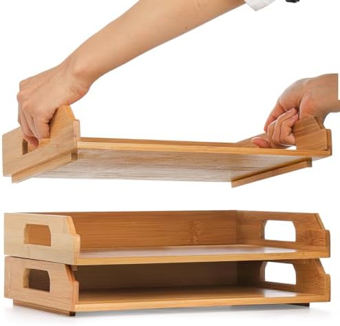 Okllen 3 Pack Stackable Paper Trays, Bamboo Desk Letter Tray Set, 3 Tier File Document Organizer Tray for A4 Paper, Magazine, Receipts, Office Supplies - Image 4