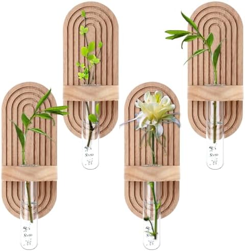 Beeveer 4 Sets Hanging Plant Propagation Stations Walnut Wood Wall Mounted Test Tube Vase Rustic Decorative Glass Planter Holder Gift for Women Plant Lover Hydroponic Flowers Home and Office Decor by Beeveer