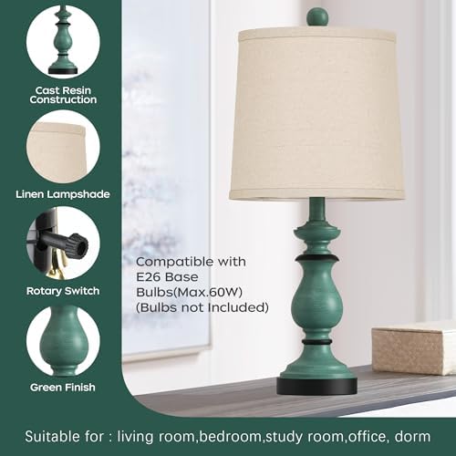 PARTPHONER Traditional Table Lamp Set of 2, Rustic Farmhouse Table Lamps for Living Room Bedroom, 22" Bedside Desk Lamps Vintage Nightstand Lamps with Linen Shades, Green - Image 3