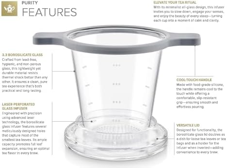 Teabloom Patent-Pending Purity Glass Tea Infuser with Lid – 3.3 Borosilicate, Laser-Perforated Filter, Universal Fit for Cups & Teapots, Toxin-Free Brewing for Whole-Leaf Tea - Image 2