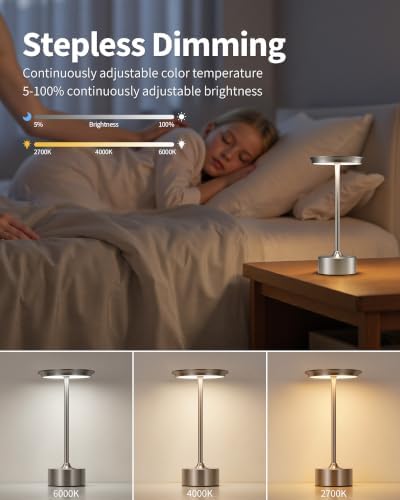 PUSU Rechargeable Table Lamps Set of 2, Nickel Cordless Portable Desk Lamp - Image 6