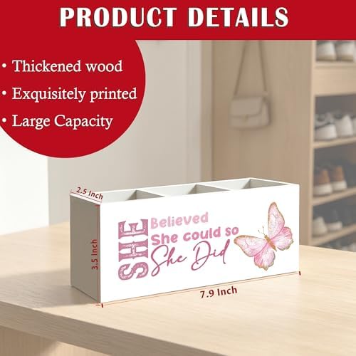 She Believed She Could So She Did Pen Pencil Holder Organizer for Desk, Inspirational Gifts for Women Friends, Graduation Gifts for Women Her, Pink Butterfly Wood Signs Desk Accessories - Image 6