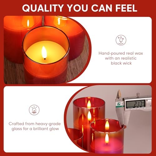Eywamage Red Glass Flameless Pillar Candles with Remote, Flickering Christmas Battery LED Candles Holiday Decor Set of 3 - Image 5