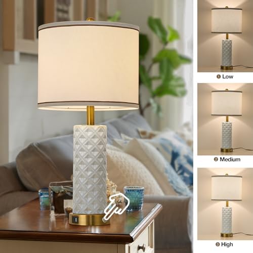 Set of 2 Table Lamp for Living Room Bedroom Farmhouse,26'' Touch Control Bedroom Ceramic Lamps 3-Way Dimmable Bedside Lamps with USB A+C Ports Linen Shade for Home(2 Bulbs Included) - Image 3