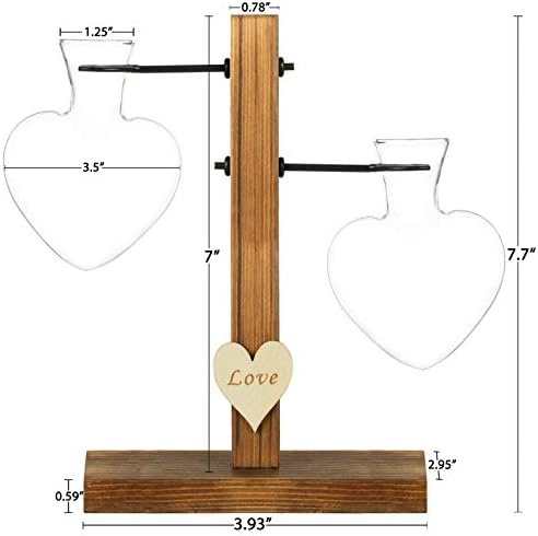 Kingbuy Heart Shaped Glass Hydroponic Vase with Retro Wooden Stand - Desktop Plant Terrarium for Bulb Planter, Water Plant Propagation Glass Vase Pot Planter Flower Desktop Decoration Home Garden - Image 6