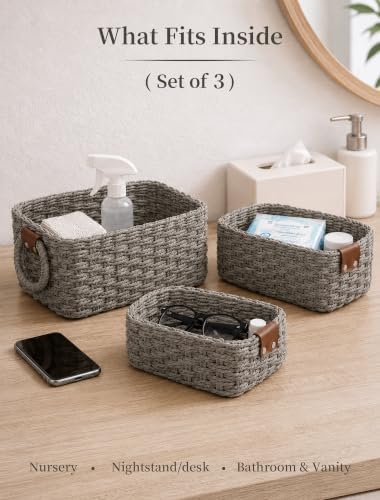 Small Wicker Baskets, 3 PCS Paper Rope Baskets for Shelves, Gray - Image 3