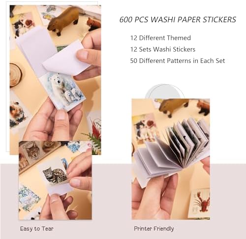 12 Sets 600 Sheets Washi Stickers Book for Journaling, Jungle Animal Sticker, Wild Zoo Sea Animal Aesthetic Scrapbook Dinosaur Sticker Set for Bullet Journal Card Craft Gift Rewards for Kid Notebook - Image 5