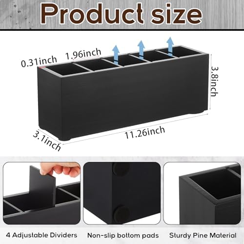 Jetec Wooden Pencil Pen Holder for Desk, Black, 5 Compartments - Image 2