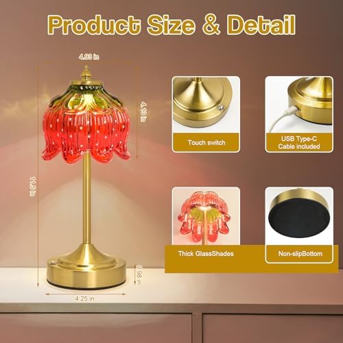 Cordless Table Lamp, Rechargeable Red Glass Flower Lamp - Image 7