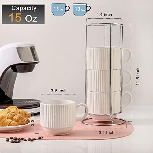 HASENSE 15 oz Ribbed Stackable Coffee Mug Set of 4, Porcelain Latte Cups with Metal Rack, Dishwasher & Microwave Safe, Cappuccino Tea Hot Cocoa, White - Image 3
