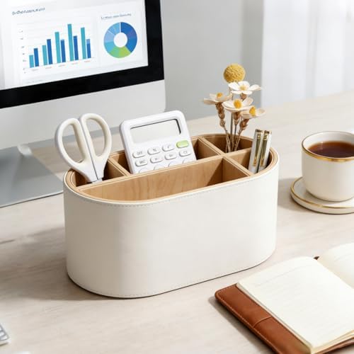 KINGFOM PU Leather Desk Organizer with Multi Compartments, Desktop Caddy Holder for Remote Controls, Pens, Makeup Brushes, Office Accessories (Beige) - Image 5