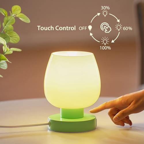 ONEWISH Touch Bedside Table Lamp with USB Charging - 3 Way Dimmable Small Glass Lamp for Bedroom, 2700K LED Bulb Included, Green, 2 Packs - Image 3
