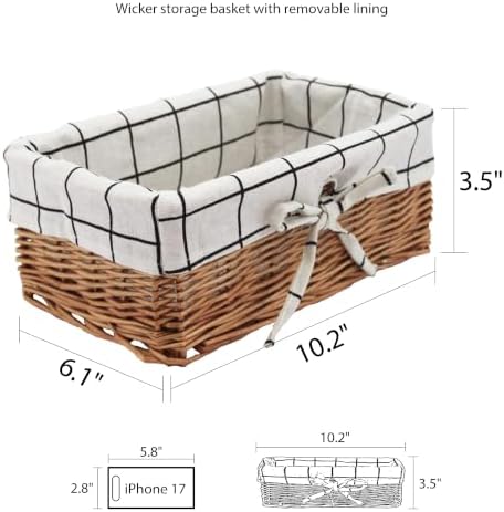 Small Wicker Storage Basket, Rectangular Woven Basket with Lining, Natural - Image 6