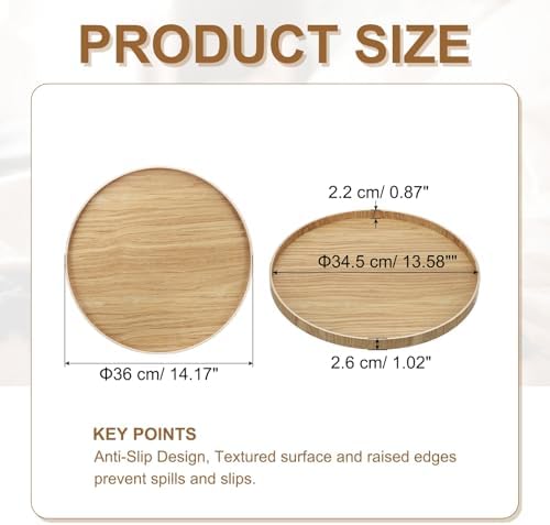 Wooden Serving Tray Round Wood Serving Tray Decorative Platter, 14.2 Inch Fit for Home Decor Kitchen Coffee Table Candle Holder, (Light Brown) - Image 2